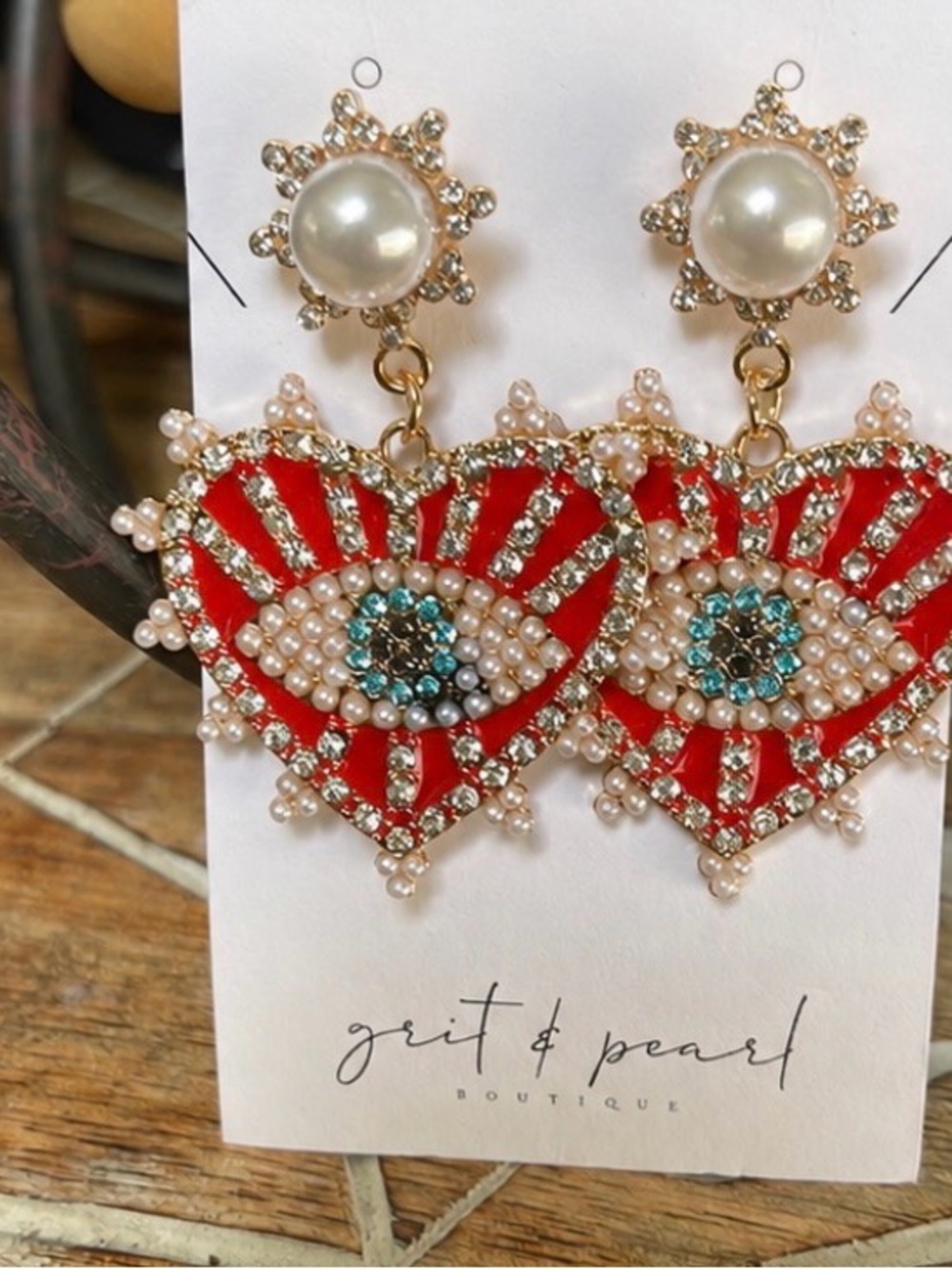 TRed Evil Eye Heart Statement Drop Earrings – Pearl & Rhinestone Gold Tone